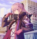 1girl 3_small_spiders absurdres bangs blue_sky breasts commentary dress eyebrows_visible_through_hair girls_frontline gloves highres holding holding_jar house jacket jar light_purple_eyes long_hair looking_at_viewer open_clothes open_jacket open_mouth parted_lips pink_gloves pink_hair ponytail purple_jacket scenery simple_background sky small_breasts solo st_ar-15_(girls&#039;_frontline) upper_body white_dress 