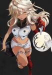  1girl bandages black_background crop_top dark-skinned_female dark_skin found_modori guilty_gear guilty_gear_strive hair_over_one_eye highres long_hair midriff navel open_mouth platinum_blonde_hair ramlethal_valentine running sharp_teeth short_shorts shorts simple_background solo stomach teeth thigh_strap thighs yellow_eyes 