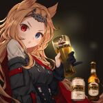  1girl :o alcohol animal_ears archetto_(arknights) arknights beer beer_bottle beer_can black_gloves black_skirt blonde_hair blue_eyes blush breasts can cape cup dark_background gloves heterochromia high-waist_skirt highres holding holding_cup long_hair long_sleeves looking_at_viewer medium_breasts open_mouth partially_fingerless_gloves red_cape red_eyes skirt solo su-85_(su_85) tiara upper_body v-shaped_eyebrows very_long_hair 