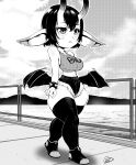  1girl absurdres bangs bracelet breasts clothes_writing crop_top crossed_bangs cutoffs demon_girl demon_wings earrings english_commentary full_body greyscale high_contrast highres horns jewelry long_pointy_ears low_wings medium_breasts monochrome mountainous_horizon narrow_waist ocean original pier pointy_ears shoes short_hair shortstack skin-covered_horns sneakers solo speedl00ver spiked_bracelet spikes thick_thighs thigh-highs thighs walking wide_hips wings 