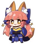  1girl :3 :d animal_ears bangs blue_bow blue_kimono blue_legwear bow chibi commentary_request detached_sleeves eyebrows_visible_through_hair fate/extra fate_(series) fox_ears fox_girl fox_tail full_body hair_bow hand_on_hip japanese_clothes kimono light_blush long_hair long_sleeves looking_at_viewer obi open_mouth pelvic_curtain pink_hair plover sash sidelocks simple_background smile smug solo sparkle split_ponytail standing tail tamamo_(fate) tamamo_no_mae_(fate/extra) thigh-highs tongue v-shaped_eyebrows white_background wide_sleeves yellow_eyes zettai_ryouiki 