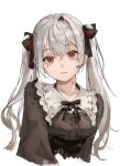 1girl absurdres bandaid bandaid_on_neck black_dress black_ribbon collarbone commentary dress facial_mark genderswap genderswap_(mtf) grey_hair hair_ribbon heart heart_facial_mark highres kuzuha_(nijisanji) long_hair looking_at_viewer mole mole_under_eye muyu713 neck_ribbon nijisanji parted_lips red_eyes ribbon simple_background solo sweat twintails upper_body virtual_youtuber white_background 