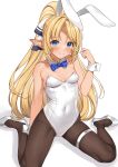  1girl absurdres animal_ears bangs bare_shoulders black_legwear blonde_hair blue_bow blue_bowtie blush bow bowtie breasts covered_navel detached_collar elf enjo_kouhai fake_animal_ears hair_ribbon high_heels highres iris_(takunomi) leotard long_hair looking_at_viewer pantyhose parted_bangs playboy_bunny pointy_ears rabbit_ears ribbon shoes simple_background sitting small_breasts smile solo takunomi thigh_strap very_long_hair wariza white_background white_footwear white_leotard wrist_cuffs 