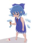  1girl absurdres barefoot blue_dress blue_eyes blue_hair bow cirno collared_dress dress english_commentary esthoric eyebrows_visible_through_hair food hair_bow highres ice_cream melting neck_ribbon pinafore_dress ribbon short_hair simple_background sleeveless solo standing tears touhou white_background 