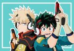  2boys aqua_background bakugou_katsuki beige_gloves black_gloves blonde_hair boku_no_hero_academia border earmuffs eyebrows_visible_through_hair finger_on_trigger fingerless_gloves freckles gloves green_eyes green_hair gun handgun highres holding holding_gun holding_weapon looking_at_viewer male_focus midoriya_izuku multiple_boys no_control open_mouth outline pistol pistols red_eyes smile spiky_hair weapon white_border white_outline 