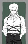  1boy alternate_hairstyle chest_belt collared_shirt cowboy_shot green_background looking_to_the_side male_focus one_piece partially_unbuttoned pectoral_cleavage pectoral_squeeze pectorals roronoa_zoro scar scar_across_eye shirt short_hair sideburns solo taro_(honyarara00) toned toned_male 