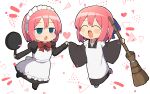  2girls :d ^_^ bangs blue_eyes bow bowtie broom closed_eyes eyebrows_visible_through_hair frying_pan full_body half-closed_eyes heart highres hisui_(tsukihime) holding holding_broom holding_frying_pan itsuka_neru kohaku_(tsukihime) maid maid_headdress multiple_girls open_mouth pink_hair red_bow red_bowtie short_hair siblings sisters smile tsukihime white_background 