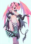  1girl aqua_background bare_shoulders black_choker black_footwear black_gloves black_horns black_tail black_wings blush choker collarbone demon_girl demon_tail demon_wings dripping elbow_gloves fang gloves hair_wings high_heels highres horns jon_taira leg_up long_hair low_wings open_mouth original pink_hair red_eyes simple_background skin_fang slime_(substance) smile solo spikes tail tongue wings 