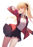  1girl absurdres bangs black_skirt blonde_hair breasts card card_game eyebrows_visible_through_hair feet_out_of_frame hair_ribbon highres holding holding_card j_fang jacket kakegurui leaning_to_the_side long_hair looking_at_viewer open_clothes open_jacket open_mouth parted_lips red_eyes red_jacket ribbon saotome_meari shirt skirt smile solo standing twintails white_background white_shirt 