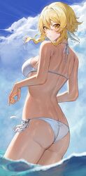  1girl absurdres ass back bangs bikini blonde_hair blue_sky blush breasts cozyu feather_hair_ornament feathers genshin_impact hair_ornament highres large_breasts looking_at_viewer looking_back lumine_(genshin_impact) medium_hair ocean sidelocks sky solo swimsuit thighs wading wet white_bikini yellow_eyes 