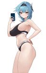  1girl ass bangs bare_arms bare_shoulders bikini black_bikini black_sports_bra blue_hair blush brand_name_imitation breasts cellphone closed_mouth cowboy_shot eula_(genshin_impact) eyebrows_visible_through_hair from_side genshin_impact hair_ornament hand_on_hip highres holding holding_phone kou_(kokounene) large_breasts looking_at_viewer panties phone selfie simple_background smartphone solo sports_bra standing swimsuit thighs underwear white_background yellow_eyes 