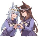  2girls animal_ears brown_hair greyscale heart heart_hands heart_hands_duo highres horse_ears horse_girl horse_tail kusanagi_kaoru long_hair looking_at_viewer monochrome multicolored_hair multiple_girls oguri_cap_(umamusume) pleated_skirt purple_shirt purple_skirt school_uniform serafuku shirt simple_background skirt symboli_rudolf_(umamusume) tail tracen_school_uniform umamusume upper_body violet_eyes white_background white_hair winter_uniform 