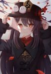  1girl bird black_headwear black_nails branch brown_coat brown_hair coat collared_shirt eyebrows_visible_through_hair falling_petals flower genshin_impact hair_between_eyes hands_on_headwear hat hat_flower highres hu_tao_(genshin_impact) jewelry long_hair looking_at_viewer multiple_rings nasii petals red_eyes red_shirt ring shirt simple_background smile solo symbol-shaped_pupils twintails upper_body 