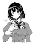  1girl bangs blush breasts closed_mouth commentary_request gloves greyscale haguro_(kancolle) haguro_kai_ni_(kancolle) hair_between_eyes hair_ornament hand_on_own_chest higaragi highres kantai_collection long_sleeves looking_at_viewer military military_uniform monochrome short_hair simple_background solo uniform upper_body 