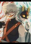  2boys bakugou_katsuki bandaged_arm bandages bare_shoulders black_gloves blonde_hair blue_nails boku_no_hero_academia earrings freckles gloves green_hair highres jewelry letterboxed male_focus mask midoriya_izuku multiple_boys red_eyes signature skin_tight spiky_hair stud_earrings unou_(unou_mha) 