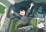  1girl =_= ahoge backpack backpack_removed bag bed black_hair cellphone coffee indoors long_hair original phone sitting smartphone solo stretch yawning yomoi_nui 