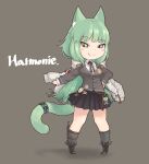  1girl animal_ear_fluff animal_ears arknights bangs belt black_footwear black_ribbon black_skirt blush_stickers boots breasts brown_belt cardigan cat_ears cat_tail character_name chibi commentary_request eyebrows_visible_through_hair full_body green_eyes green_hair grey_background grey_cardigan grey_legwear hand_on_hip harmonie_(arknights) highres infection_monitor_(arknights) keychain kneehighs long_hair long_sleeves looking_at_viewer medium_breasts miniskirt neck_ribbon partial_commentary pleated_skirt pori_(poritan81) ribbon shirt simple_background skirt smile solo standing tail very_long_hair white_shirt 