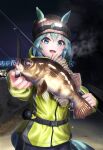  1girl absurdres animal animal_ears bangs beanie black_pants breath ears_through_headwear fish fishing_rod fusou_(fuso0205) green_eyes green_hair hat highres holding holding_animal holding_fish holding_fishing_rod hood hooded_jacket horse_ears horse_girl horse_tail jacket long_sleeves looking_at_viewer night open_mouth outdoors pants reaching_out seiun_sky_(umamusume) short_hair smile snap-fit_buckle solo tail teeth umamusume upper_body upper_teeth water_drop 