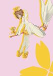  1girl absurdres brown_hair cardcaptor_sakura commentary_request dress elbow_gloves full_body gloves highres kinomoto_sakura medium_hair pink_background renxzd simple_background sleeveless sleeveless_dress solo staff_riding thigh-highs white_dress white_gloves white_legwear wings yellow_footwear 