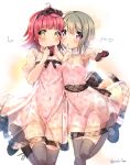  2girls :&lt; ahoge back_bow bangs black_footwear black_legwear blush boots bow breasts brown_ribbon candy checkered chestnut_mouth chocolate choker commentary_request dress english_text eyebrows_visible_through_hair finger_to_mouth food hair_bow hairband hands_up heart heart-shaped_chocolate highres holding holding_chocolate holding_food index_finger_raised leg_up light_brown_hair looking_at_viewer love_live! love_live!_nijigasaki_high_school_idol_club multiple_girls nakasu_kasumi navel panties pink_dress pink_eyes pink_hair pink_panties ribbon see-through see-through_dress see-through_sleeves shoes short_hair simple_background small_breasts tennouji_rina thigh-highs thighs underwear valentine yellow_eyes yuuki_fumi_(kueg7288) 