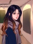 1girl bangs black_hair blue_sweater brown_hair from_side gradient_hair grey_scarf hair_behind_ear highres hwaga_salierre korean_commentary long_hair looking_at_viewer multicolored_hair painting_(object) parted_bangs parted_lips ryu_myeong-hwa scarf siri_(siri2064) sketch solo sweater 