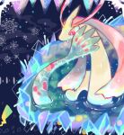  akadako animal_focus bright_pupils commentary_request highres looking_down milotic motion_lines no_humans partial_commentary partially_submerged pikachu pokemon pokemon_(creature) red_eyes snowflakes solo_focus water wet white_pupils 