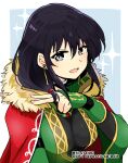  1girl :d bangs black_hair breasts cape dress earrings eyebrows_visible_through_hair fire_emblem fire_emblem:_thracia_776 fire_emblem_heroes green_dress hair_between_eyes jewelry looking_at_viewer mareeta_(fire_emblem) official_alternate_costume open_mouth red_cape smile solo twitter_username upper_body v yukia_(firstaid0) 