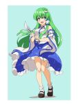  1girl bangs bare_shoulders blue_eyes blue_ribbon blue_skirt blush border breasts brown_footwear collared_vest commentary_request frilled_skirt frills frog_hair_ornament full_body gohei green_hair gyouza_(mhea5724) hair_ornament hair_tubes happy highres kochiya_sanae light_blue_background long_hair long_sleeves mary_janes medium_breasts oonusa open_mouth ribbon shoes simple_background skirt snake_hair_ornament socks standing touhou two-tone_background very_long_hair vest white_border white_legwear white_vest wide_sleeves 