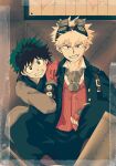  2boys bakugou_katsuki blonde_hair boku_no_hero_academia eyebrows_visible_through_hair fingerless_gloves freckles gloves goggles goggles_on_head green_hair grin hand_on_another&#039;s_shoulder highres looking_at_viewer male_focus midoriya_izuku multiple_boys no_control red_eyes red_gloves sitting smile spiky_hair steampunk tape watch watch 