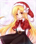  1girl belt black_belt black_skirt blonde_hair blush bow bowtie capelet center_frills closed_mouth commentary_request frills fur-trimmed_capelet fur_trim hat highres kurumi_(touhou) long_hair long_shirt plaid_capelet pom_pom_(clothes) red_bow red_bowtie red_capelet santa_hat shirt skirt smile suspender_skirt suspenders touhou touhou_(pc-98) very_long_hair white_bow white_shirt yellow_eyes yurufuwa_milk 