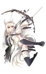  1girl animal_ears arknights bow_(weapon) commentary_request grey_eyes haku_(grimjin) highres holding holding_bow_(weapon) holding_weapon horse_ears jacket long_hair midriff navel partial_commentary platinum_(arknights) silver_hair simple_background solo stomach tail very_long_hair weapon white_background white_jacket 