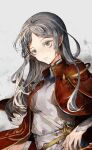 1girl absurdres character_request chinese_commentary closed_mouth commentary_request grey_background grey_eyes grey_hair grey_shirt highres jacket long_hair looking_at_viewer maplestory muyu713 pointy_ears red_jacket shirt solo upper_body 