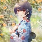  1girl black_hair blush branch eyebrows_visible_through_hair flower highres idolmaster idolmaster_shiny_colors japanese_clothes kimono looking_at_viewer morino_rinze namamake open_mouth outdoors red_eyes short_ponytail sidelocks solo tied_hair upper_body 