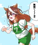  1girl animal_ears bangs blush breasts brown_hair clouds desuchi flying_sweatdrops green_shorts highres horse_ears horse_girl horse_tail long_hair multicolored_hair open_mouth outdoors puffy_short_sleeves puffy_sleeves race_bib running shirt short_sleeves shorts small_breasts solo speech_bubble sweatdrop symboli_rudolf_(umamusume) tail translation_request umamusume white_shirt 