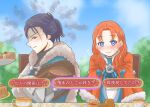  1boy 1girl annette_fantine_dominic blue_eyes blue_hair blush brown_eyes crossed_arms cup felix_hugo_fraldarius fire_emblem fire_emblem:_three_houses fur_collar glaring highres orange_hair outdoors ponytail sideways_glance sweatdrop tea_party teacup translated yuurifeh 