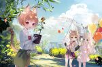  3girls amafuyu animal_ear_fluff animal_ears arms_up bag balloon black_shirt blonde_hair blue_eyes braid brown_hair brown_shorts cat_ears cat_girl cat_tail child clouds collar dress flower green_eyes handbag highres long_hair low_twintails multiple_girls open_mouth original outdoors petals plant poncho potted_plant red_eyes shirt short_hair shorts sky smile sundress sunflower tail twin_braids twintails umbrella white_dress white_shirt 
