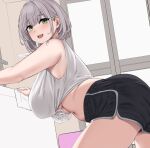  1girl bangs black_shorts breasts eyebrows_visible_through_hair green_eyes grey_hair highres hololive indoors large_breasts looking_at_viewer midriff moisture_(chichi) navel open_mouth shirogane_noel short_hair shorts smile solo tank_top teeth thighs upper_teeth virtual_youtuber white_tank_top 