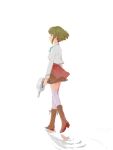  1girl bangs boots brown_footwear closed_mouth from_side full_body green_hair holding jacket kantai_collection knee_boots profile short_hair simple_background skirt solo sowamame standing takanami_(kancolle) takanami_kai_ni_(kancolle) thigh-highs walking white_background white_jacket 