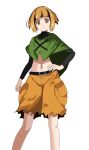  1girl absurdres bangs belt belt_buckle black_belt black_hair blonde_hair blunt_bangs brown_eyes buckle capelet closed_mouth crop_top full_body gardenia_(pokemon) green_capelet hand_on_hip highres long_sleeves looking_at_viewer midriff multicolored_hair nail_polish navel orange_shorts pokemon pokemon_(game) pokemon_dppt shiny shiny_hair short_hair shorts simple_background solo standing stomach torn_clothes torn_shorts tsukishiro_saika two-tone_hair v-shaped_eyebrows white_background yellow_nails 