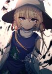  1girl bangs blonde_hair blurry blurry_background brown_headwear darumoon depth_of_field eyebrows_visible_through_hair hair_ribbon hat highres long_sleeves looking_at_viewer moriya_suwako purple_skirt purple_vest red_ribbon ribbon shirt sidelocks skirt skirt_set solo touhou upper_body vest white_shirt wide_sleeves 