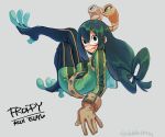  1girl :&gt; asui_tsuyu beige_gloves boku_no_hero_academia character_name frog_girl gloves goggles goggles_on_head green_eyes green_hair grey_background hair_between_eyes hair_rings long_hair low-tied_long_hair ohhhhhhtsu simple_background solo tongue tongue_out twitter_username 