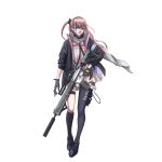  1girl absurdres ar-15 asymmetrical_legwear bangs black_footwear black_gloves black_jacket black_legwear blue_eyes closed_mouth crush_kim dress eyebrows_visible_through_hair fingerless_gloves full_body girls_frontline gloves grey_scarf gun highres holding holding_gun holding_weapon holstered_weapon jacket knife_holster lips long_hair looking_at_viewer open_clothes open_jacket pink_hair rifle scarf shoes side_ponytail sniper_rifle solo st_ar-15_(girls&#039;_frontline) standing thigh-highs weapon white_background white_dress 