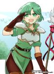  1girl :d armor bangs belt boots breastplate brown_gloves dress eyebrows_visible_through_hair fire_emblem fire_emblem:_thracia_776 gloves green_dress green_eyes green_hair holding holding_polearm holding_weapon karin_(fire_emblem) looking_at_viewer open_mouth polearm short_hair shoulder_armor smile thigh-highs thigh_boots weapon yukia_(firstaid0) 