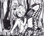  1girl antennae barefoot butterfly_wings dress eternity_larva eyebrows_visible_through_hair fairy hair_between_eyes jazonyan leaf leaf_on_head lineart multicolored_clothes multicolored_dress open_mouth short_hair short_sleeves sketch solo touhou traditional_media wings 