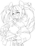  1girl absurdres animal_ear_fluff animal_ears bare_shoulders bow collar collarboner detached_sleeves eyebrows_visible_through_hair greyscale hair_between_eyes hakos_baelz hands_on_hips highres hololive hololive_english key lineart long_hair monochrome mouse_ears navel ningen1116 open_mouth simple_background skirt solo spiked_collar spikes stuffed_animal stuffed_toy teddy_bear twintails white_background x 