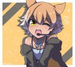  animal_ears black_jacket blonde_hair coyote coyote_(kemono_friends) coyote_girl coyote_tail gloves highres hikarikmy jacket kemono_friends kemono_friends_v_project necktie shirt shoes short_hair skirt smile tail virtual_youtuber white_shirt yellow_eyes yellow_gloves 
