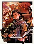  1boy black_hair book bookshelf brown_jacket clockwork gears jacket kamen_rider kamen_rider_zi-o_(series) long_coat long_hair looking_at_viewer male_focus medium_hair open_book ouma_advent_calendar outside_border scarf upper_body woz_(kamen_rider_zi-o) y_a_m_a_y_a 