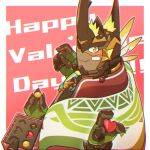  1boy another_eidos-r armor arthropod_boy blush box box_of_chocolates chocolate edamamego extra_arms happy_valentine heart horns hulk_(another_eidos) jewelry looking_at_viewer male_focus necklace one_eye_closed scale_armor scales smile solo text_focus upper_body valentine yellow_eyes 