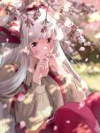  1girl arm_garter bangs beige_shirt blurry blurry_background blurry_foreground blush bow branch cherry_blossoms collared_shirt commentary covering_mouth dappled_sunlight eyebrows_visible_through_hair fujiwara_no_mokou hair_bow hair_over_shoulder hair_strand hands_up highres holding long_hair long_sleeves looking_at_viewer mokoiscat outdoors pants petals puffy_long_sleeves puffy_sleeves red_eyes red_pants shirt silver_hair sitting sunlight touhou very_long_hair white_bow 