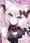  1girl ahoge animal_ears bare_shoulders bow breasts cat_ears cat_girl cat_tail eyebrows_visible_through_hair hair_between_eyes hair_bow highres looking_at_viewer medium_breasts nyatasha_nyanners official_art parted_lips pink_hair puppeteer7777 smile solo tail tail_bow tail_ornament teeth upper_body violet_eyes vshojo 